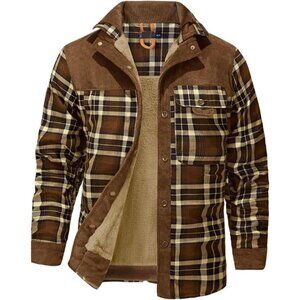Men's Brown Long Sleeve Sherpa Lined Flannel Shirt Jacket Fleeces